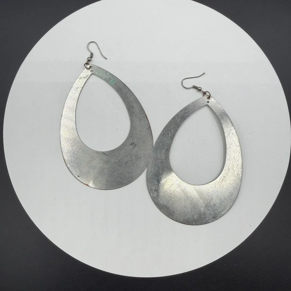 Silver Tone Oversized Teardrop Dangle Earrings Boho Statement Fishhook Pierced
